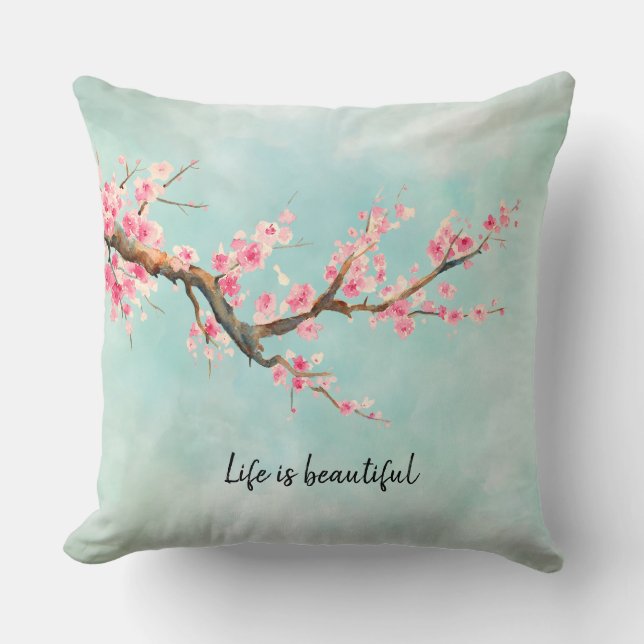 Aqua Pink Cherry Blossom Floral  Cushion (Front)