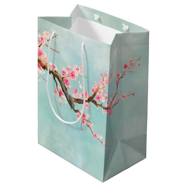 Aqua Pink Cherry Blossom Floral  Medium Gift Bag (Back Angled)