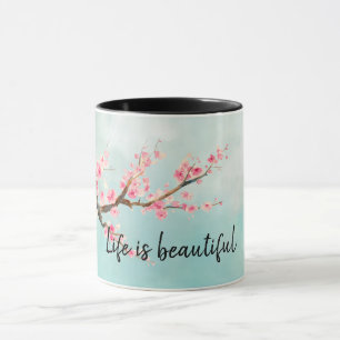 Aqua Pink Cherry Blossom Floral      Mug