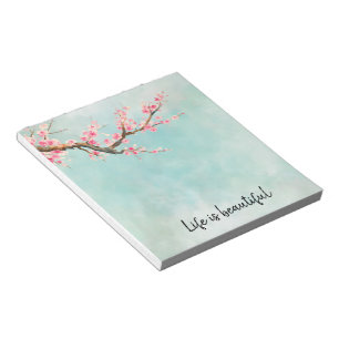 Aqua Pink Cherry Blossom Floral Notepad