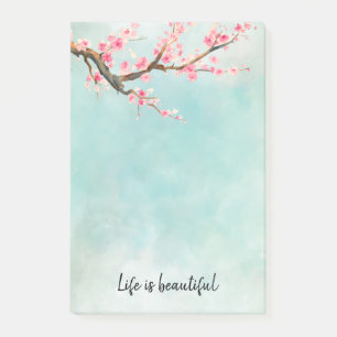 Aqua Pink Cherry Blossom Floral Post-it Notes