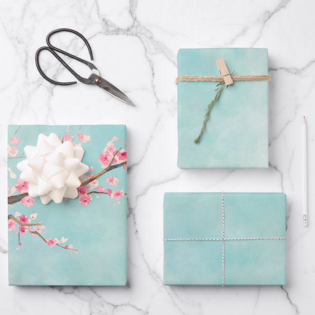 Aqua Pink Cherry Blossom Floral        Wrapping Paper Sheet (Front)