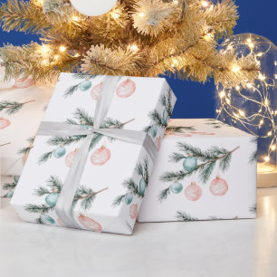 Aqua Pink Christmas Tree Branch Ornaments Wrapping Paper