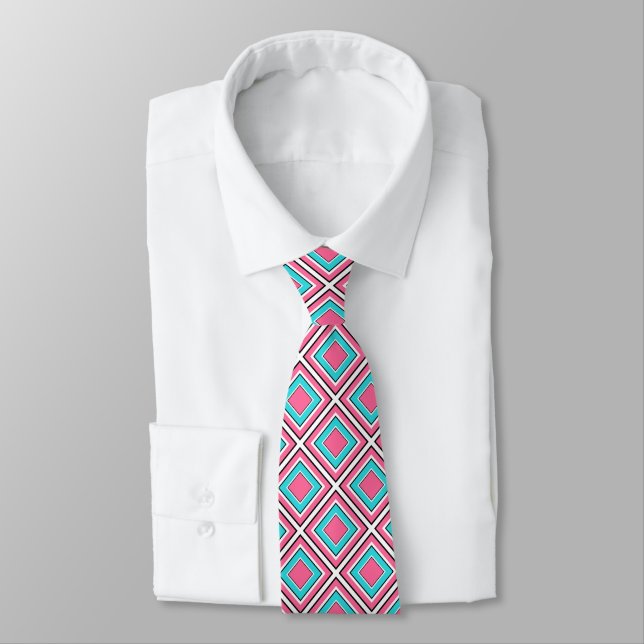 Aqua Pink Coral Diamond Geometric Pattern Tie (Tied)