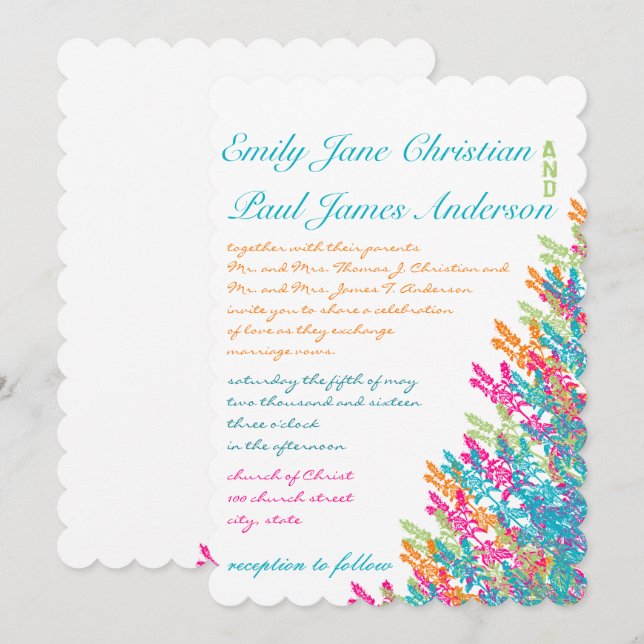 Aqua Pink Coral Lime Floral Wedding Invitations (Front/Back)