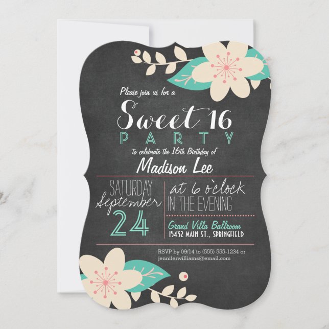 Aqua & Pink Floral Chalkboard Sweet 16 Party Invitation (Front)