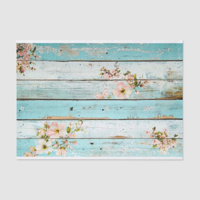 Aqua Pink Flower Wood Plank Decoupage Paper (Front)