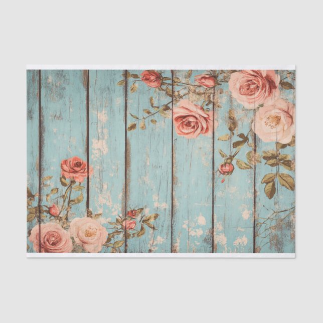 Aqua Pink Flower Wood Plank Decoupage Paper (Front)