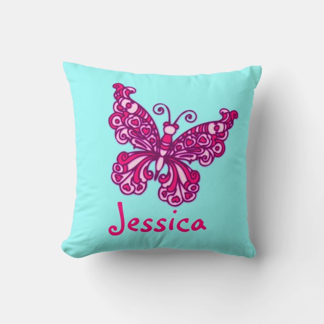 Aqua pink girls named butterfly cushion pillow (Front)
