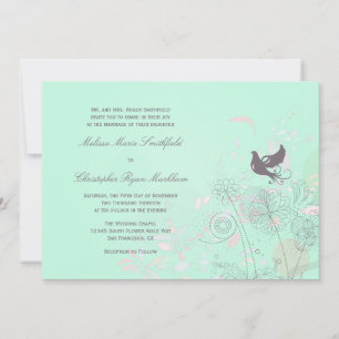 Aqua, pink + grey floral spring wedding invitation