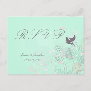 Aqua, pink + grey floral spring wedding RSVP Invitation Postcard