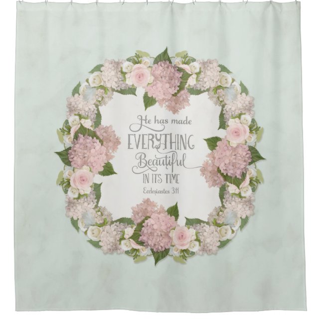 Aqua Pink Hydrangea Scripture Illustrated Faith Shower Curtain (Front)