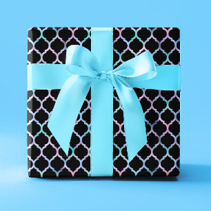 Aqua Pink Iridescent Foil and Black Quatrefoil Wrapping Paper