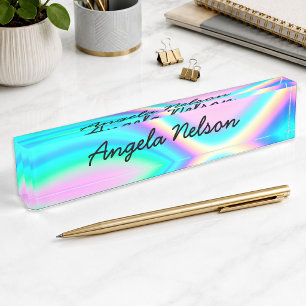 Aqua Pink Iridescent Rainbow Wave Nameplate