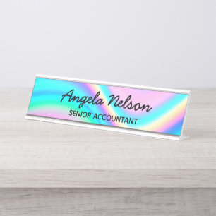 Aqua Pink Iridescent Rainbow Wave Ombre Desk Name Plate