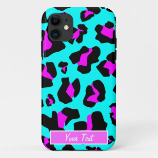 Aqua/Pink Leopard Print - Personalise iPhone 11 Case