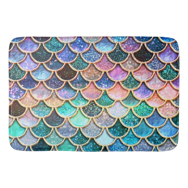 Aqua Pink Mermaid Glitter Scales- Mermaid Scales Bath Mat (Front)