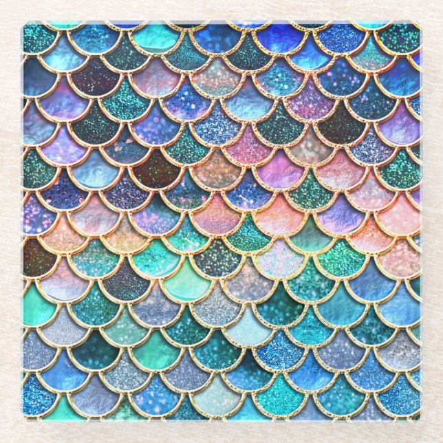 Aqua Pink Mermaid Glitter Scales- Mermaid Scales Glass Coaster (Front)