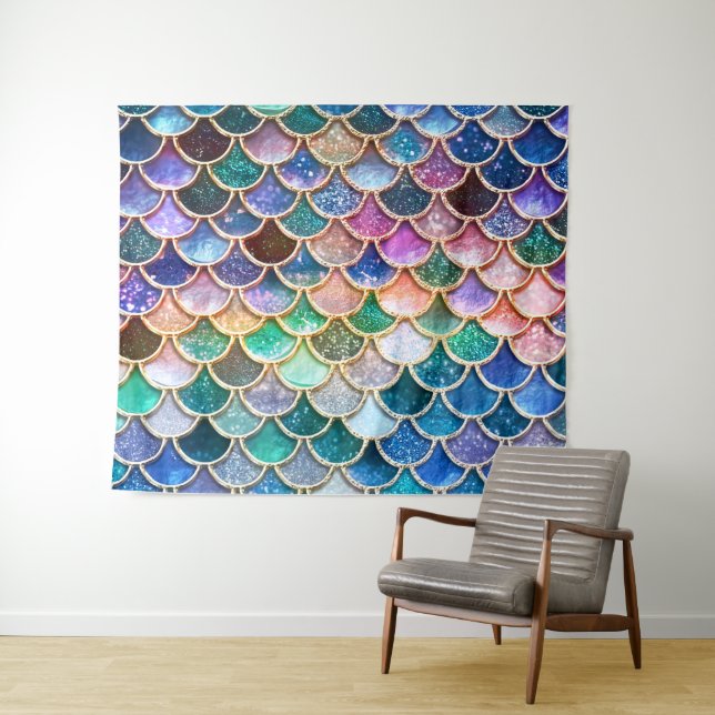 Aqua Pink Mermaid Glitter Scales- Mermaid Scales Tapestry (In Situ (Horizontal))