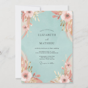Aqua Pink Petal Wedding Invitation