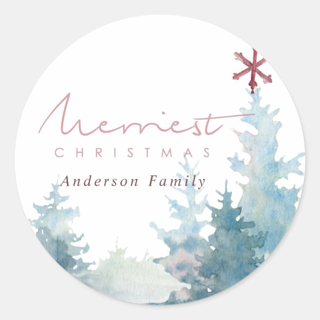 AQUA PINK SNOWY FOREST STAR PINE TREE CHRISTMAS CLASSIC ROUND STICKER (Front)