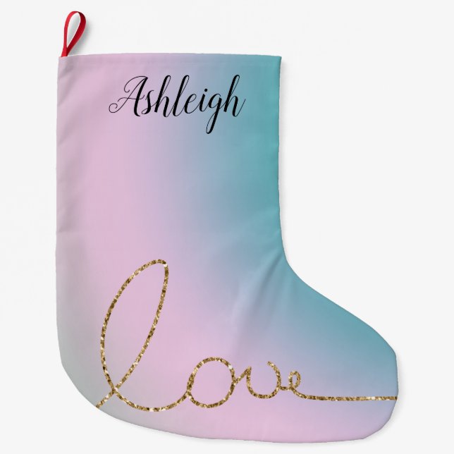Aqua Pink Tie Dye Ombre Gold Glitter Love Large Christmas Stocking (Front)
