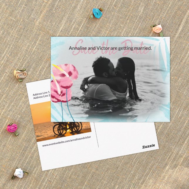 Aqua Pink Tropical Gumdrops Save-the-Date Postcard (turquoise and pink tropical wedding save the date postcard, pink gumdrops, Hawaiian flowers theme)