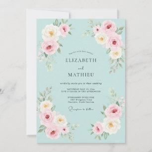 Aqua Pink Watercolor Floral Wedding Invitation