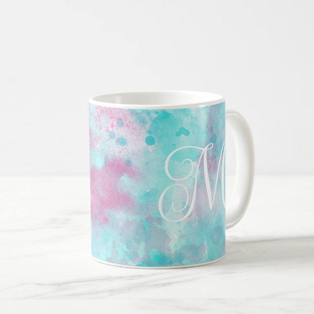 Aqua Pink Watercolor Wash & Monogram Mug (Front Right)