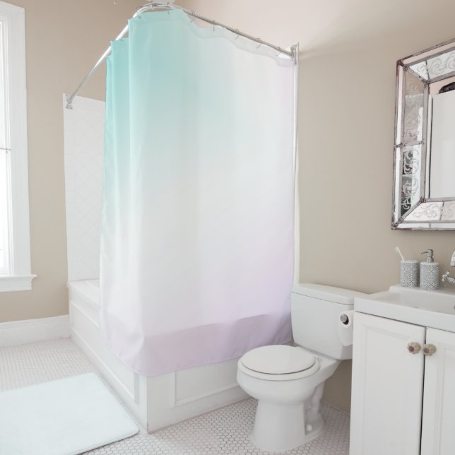 Aqua Pink White Ombre Tie Dye Shower Curtain (In Situ)