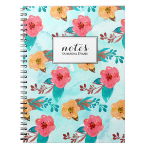 Aqua Pink Yellow Floral Watercolor Personalised Notebook
