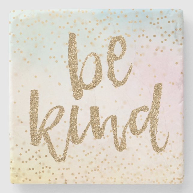 Aqua Pink Yellow Gold Confetti Glitter Be Kind Stone Coaster (Front)
