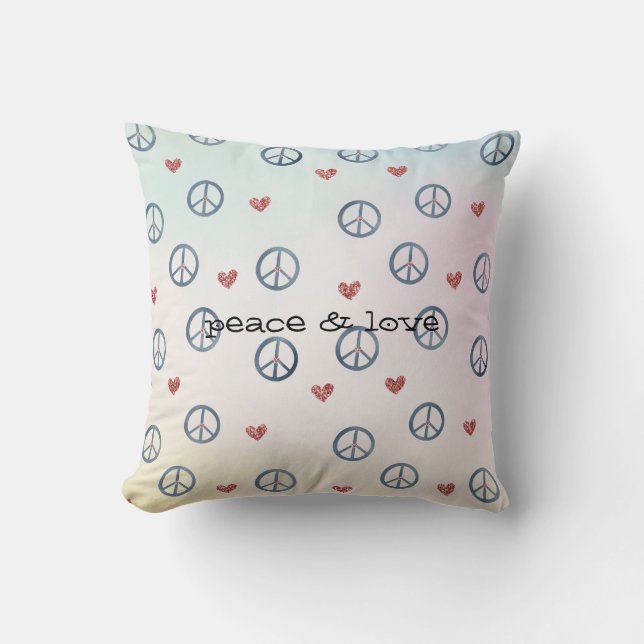 Aqua Pink Yellow Tie Dye Peace Sign with Hearts Cushion (Front)