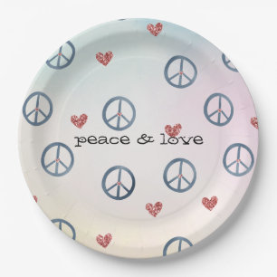 Aqua Pink Yellow Tie Dye Peace Sign with Hearts Paper Plate