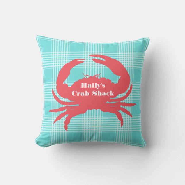 Aqua Plaid and Coral Crab Outdoor Pillow (Front)