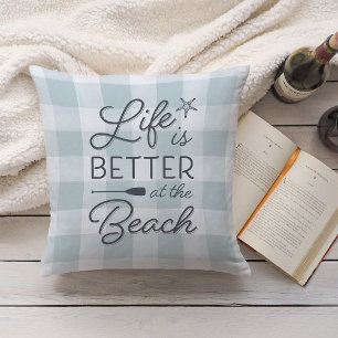 Aqua Plaid Life Is Better At the Beach Cushion