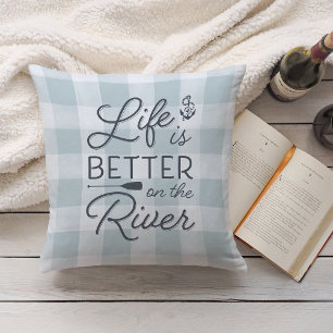 Aqua Plaid Life Is Better On The River Cushion