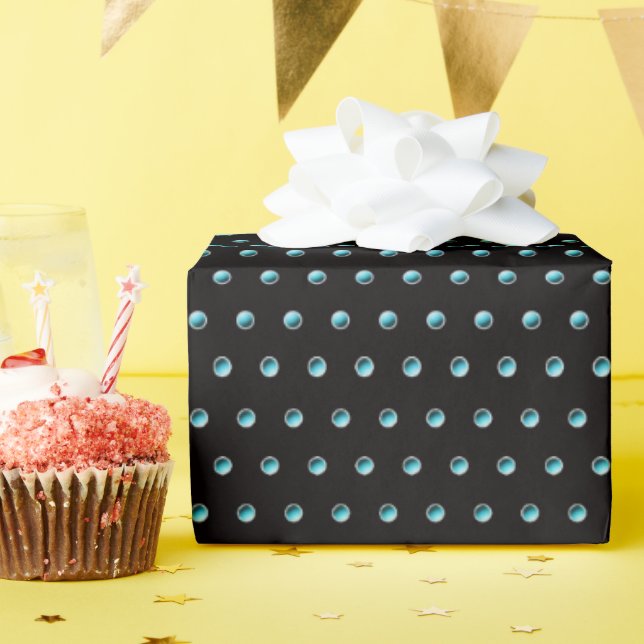 Aqua Polka Dots On Black Wrapping Paper (Birthday Party)
