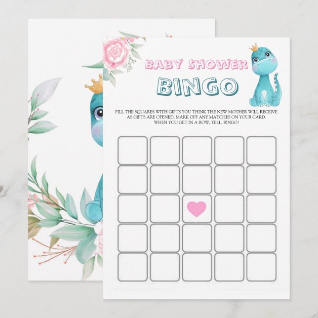 Aqua Princess Dinosaurs Peony Baby Shower Bingo (Front/Back)