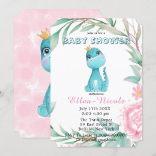 Aqua Princess Dinosaurs Peony Baby Shower Invites