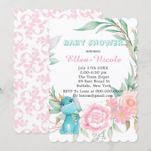 Aqua Princess Dinosaurs Peony Baby Shower Invites