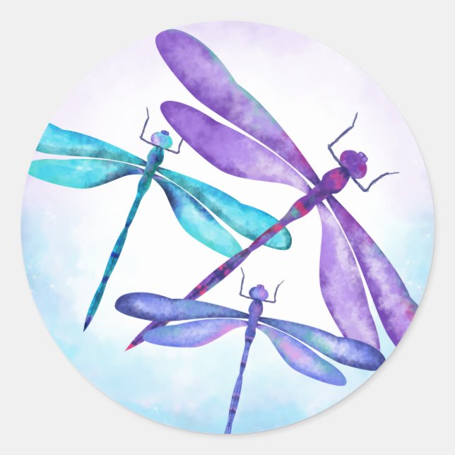 Aqua, Purple, Blue Dragonflies Party Favour Sticke Classic Round Sticker (Front)
