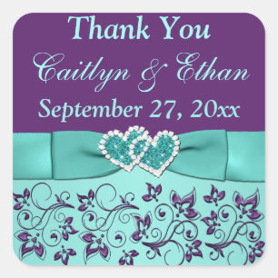 Aqua, Purple Floral, Hearts Wedding Favour Sticker