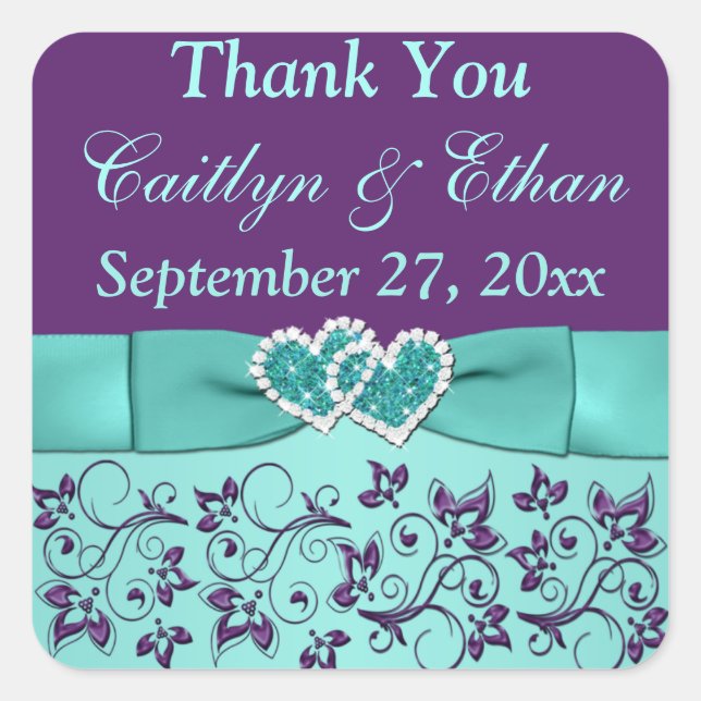 Aqua, Purple Floral, Hearts Wedding Favour Sticker (Front)