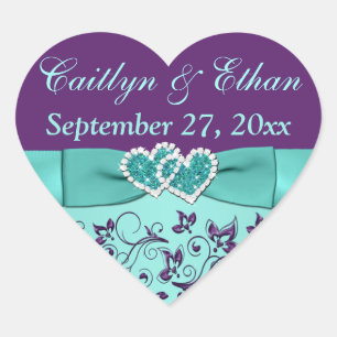 Aqua, Purple Floral, Hearts Wedding Favour Sticker