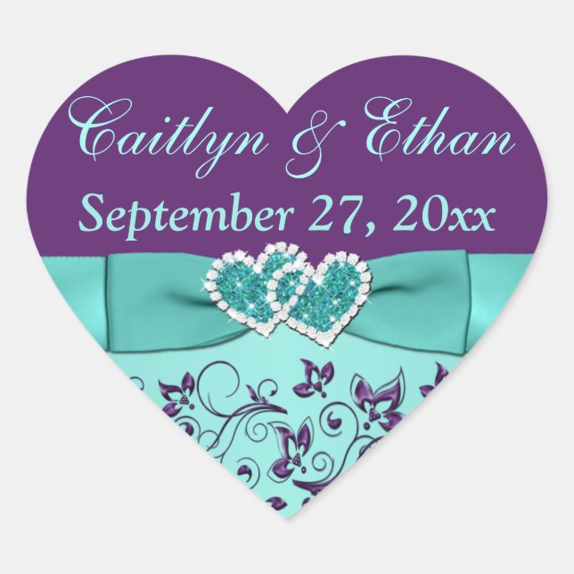 Aqua, Purple Floral, Hearts Wedding Favour Sticker (Front)