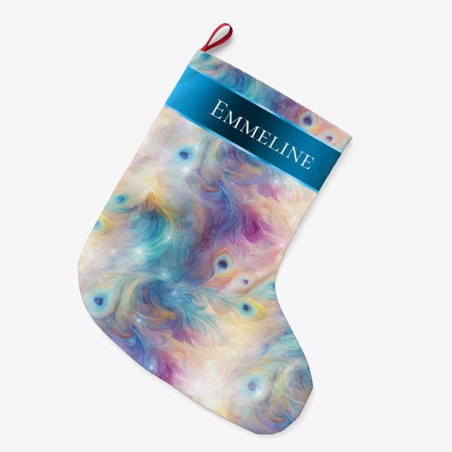 Aqua Purple Floral Peacock Feathers Christmas Large Christmas Stocking (Front (Hanging))