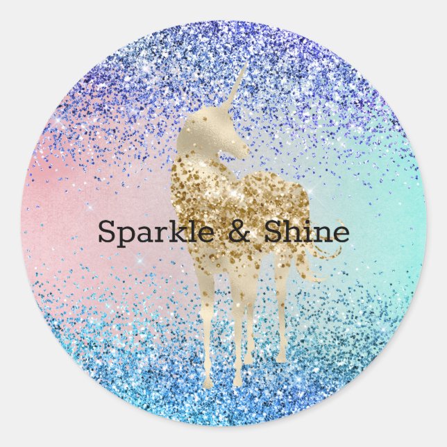 Aqua Purple Glitter Sparkle Gold Unicorn Classic Round Sticker (Front)