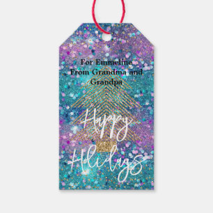 Aqua Purple Gold Glitter Tree Gift Tags