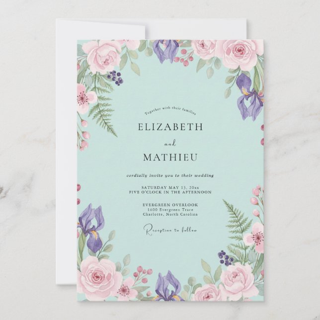 Aqua Purple Iris Eucalyptus Wedding Invitation (Front)